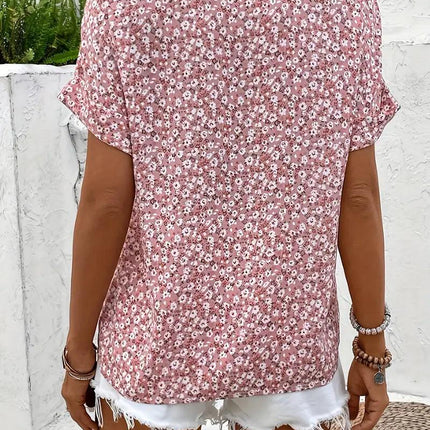 Women's Button-Up Floral Top with Short Sleeves and Loose Fit