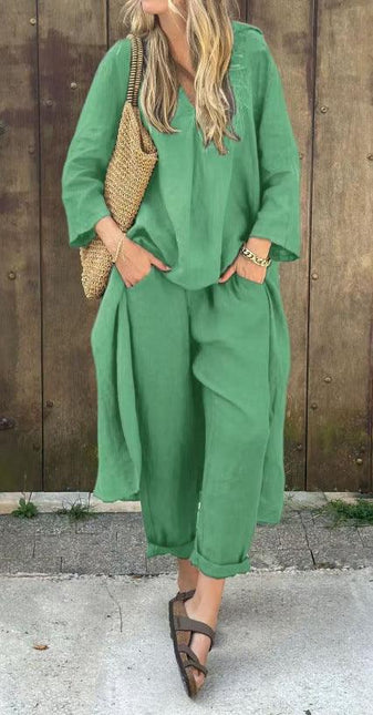 Women's V-Neck Long Sleeve Top & High-Waist Wide-Leg Pants Set with Pockets