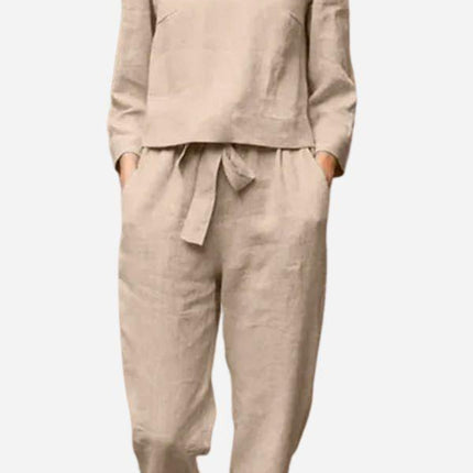 Women's Linen Long Sleeve Shirt and Elastic Waist Pencil Pants Set