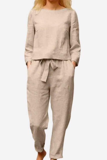 Women's Linen Long Sleeve Shirt and Elastic Waist Pencil Pants Set