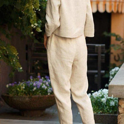 Women's Linen Long Sleeve Shirt and Elastic Waist Pencil Pants Set