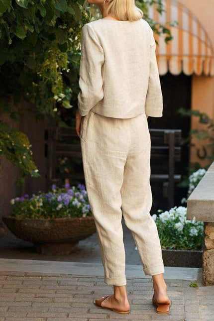 Women's Linen Long Sleeve Shirt and Elastic Waist Pencil Pants Set