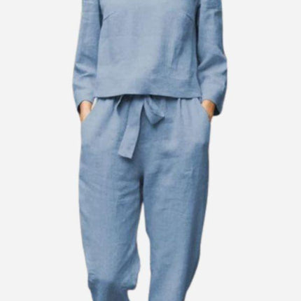 Women's Linen Long Sleeve Shirt and Elastic Waist Pencil Pants Set