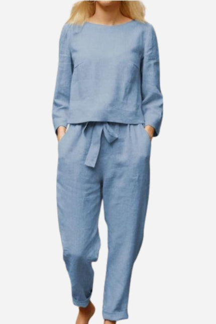 Women's Linen Long Sleeve Shirt and Elastic Waist Pencil Pants Set