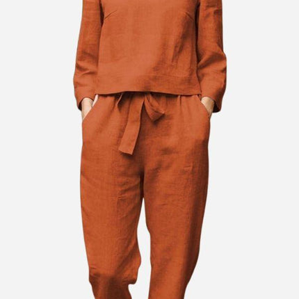 Women's Linen Long Sleeve Shirt and Elastic Waist Pencil Pants Set