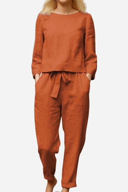 Women's Linen Long Sleeve Shirt and Elastic Waist Pencil Pants Set