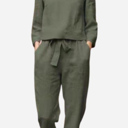 Women's Linen Long Sleeve Shirt and Elastic Waist Pencil Pants Set