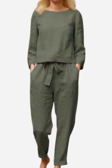 Women's Linen Long Sleeve Shirt and Elastic Waist Pencil Pants Set