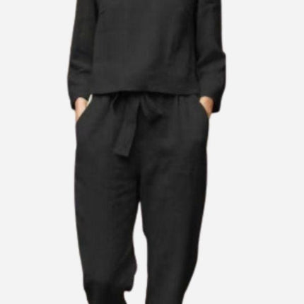 Women's Linen Long Sleeve Shirt and Elastic Waist Pencil Pants Set