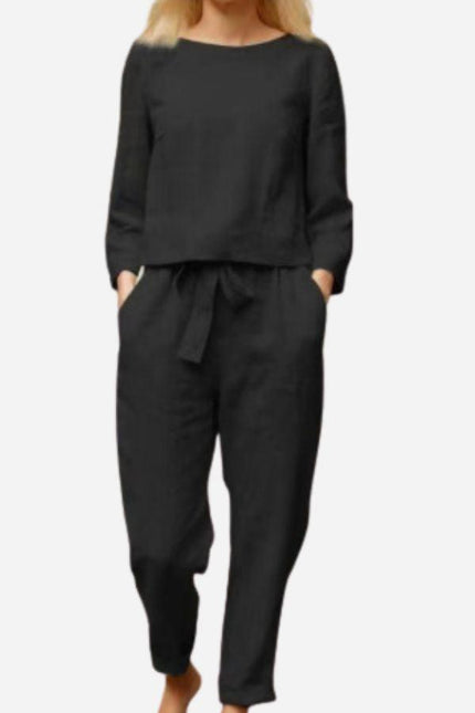 Women's Linen Long Sleeve Shirt and Elastic Waist Pencil Pants Set