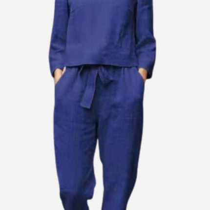 Women's Linen Long Sleeve Shirt and Elastic Waist Pencil Pants Set