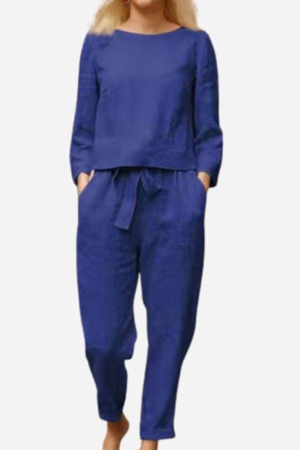 Women's Linen Long Sleeve Shirt and Elastic Waist Pencil Pants Set