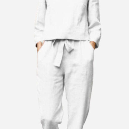 Women's Linen Long Sleeve Shirt and Elastic Waist Pencil Pants Set