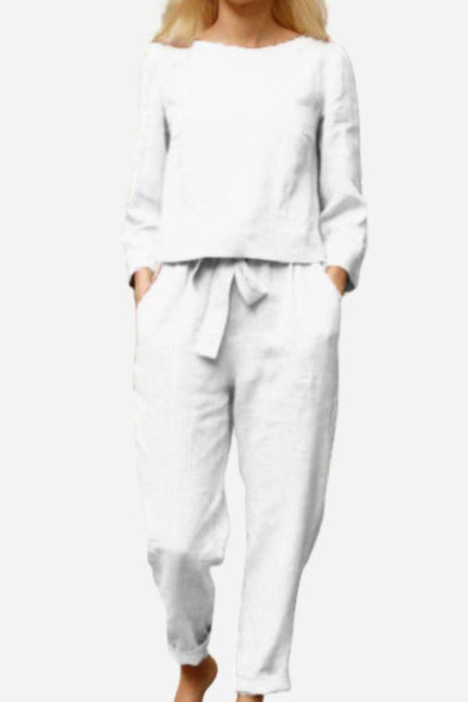 Women's Linen Long Sleeve Shirt and Elastic Waist Pencil Pants Set