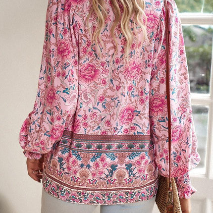 Women's Floral Tunic Top V-Neck Tie Long Sleeve