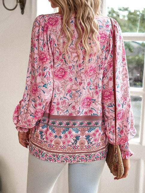 Women's Floral Tunic Top V-Neck Tie Long Sleeve