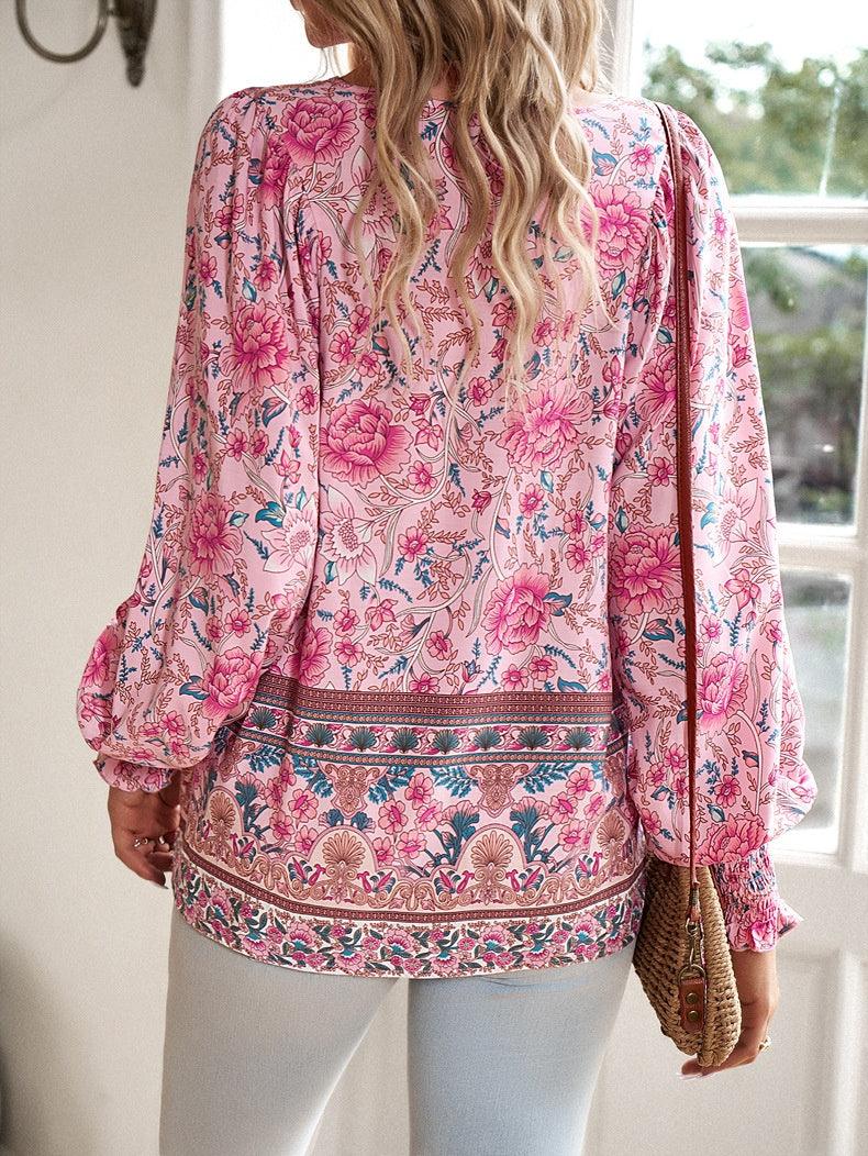 Women's Floral Tunic Top V-Neck Tie Long Sleeve
