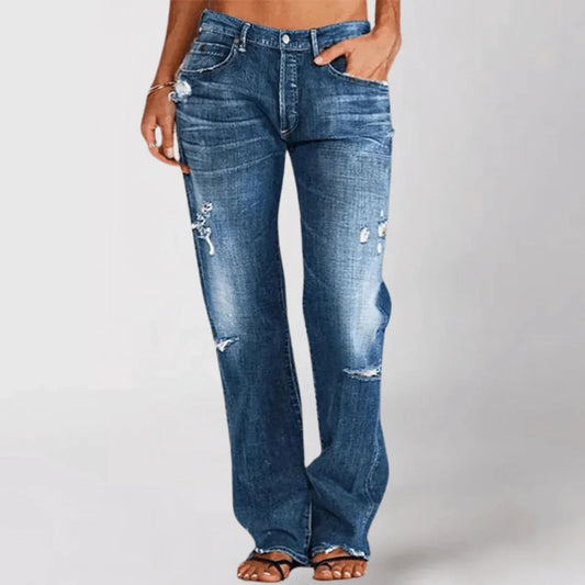 Women's Distressed Bootcut Jeans - Mid-Rise Stretch Denim - Casual Five-Pocket Style