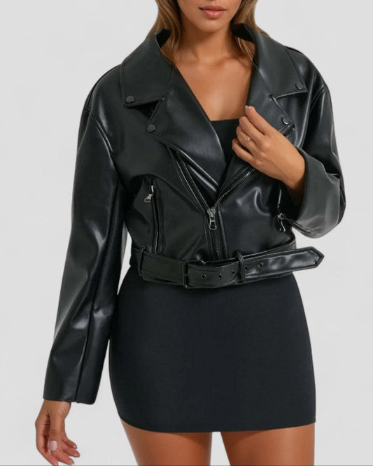 Women's Cropped Biker Jacket Faux Leather