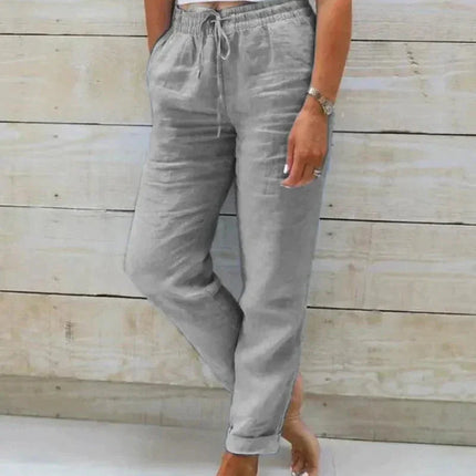 Women's Relaxed Fit Cotton Trousers with Elastic Waist and Drawstring