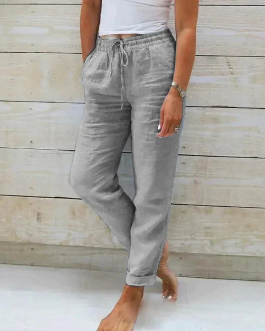 Women's Relaxed Fit Cotton Trousers with Elastic Waist and Drawstring