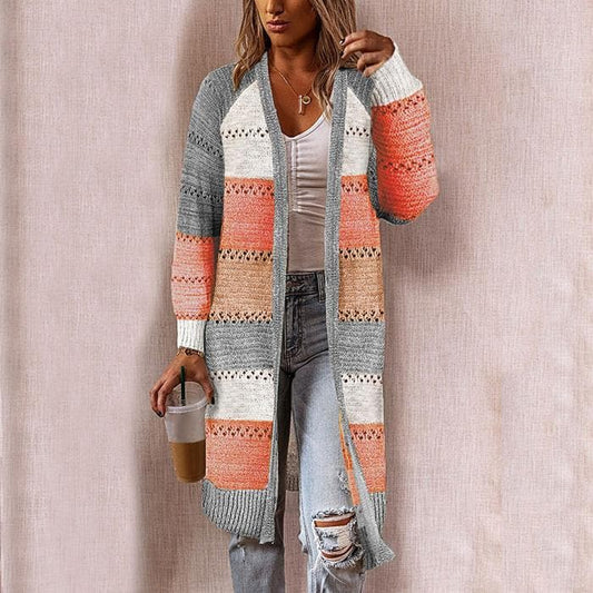 Women's Knitted Cardigan Long Open Front Textured Stripe Detail