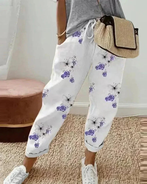 Women's Loose Fit Striped Trousers - Breathable Drawstring Waist Casual Wear