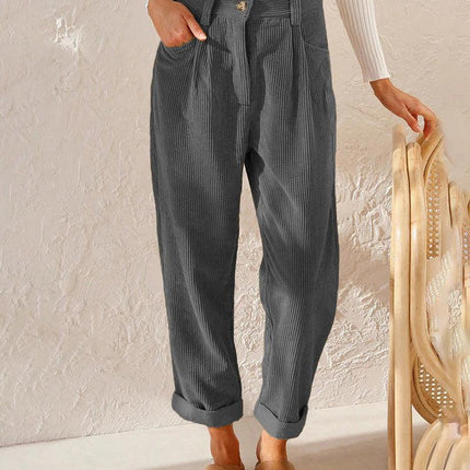 Women's High-Waisted Trousers Pleated Front Cuffed Hem Ribbed Fabric