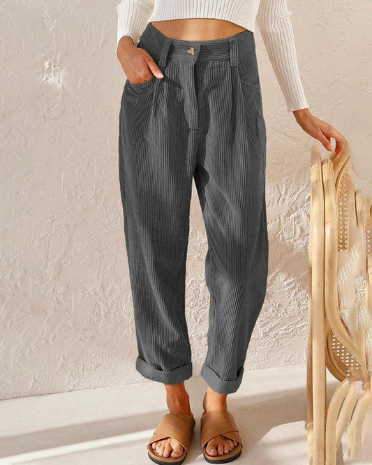 Women's High-Waisted Trousers Pleated Front Cuffed Hem Ribbed Fabric
