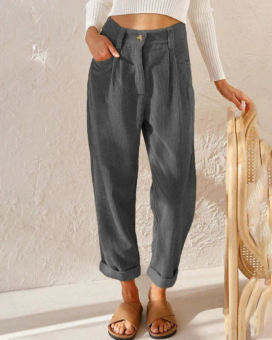 Women's High-Waisted Trousers Pleated Front Ribbed Fabric