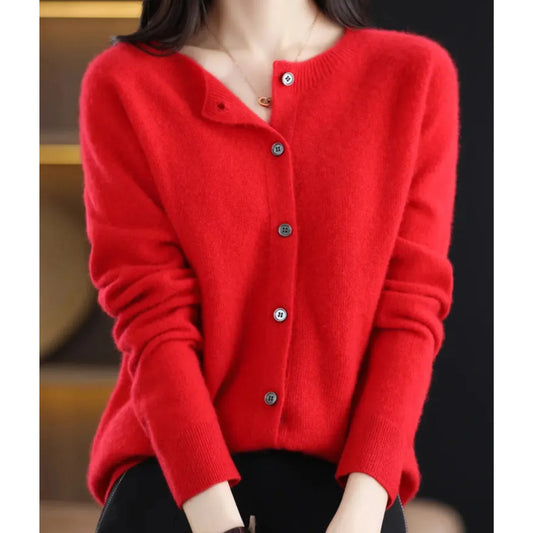 Women's O-Neck Cardigan Pure Wool Cashmere Sweater