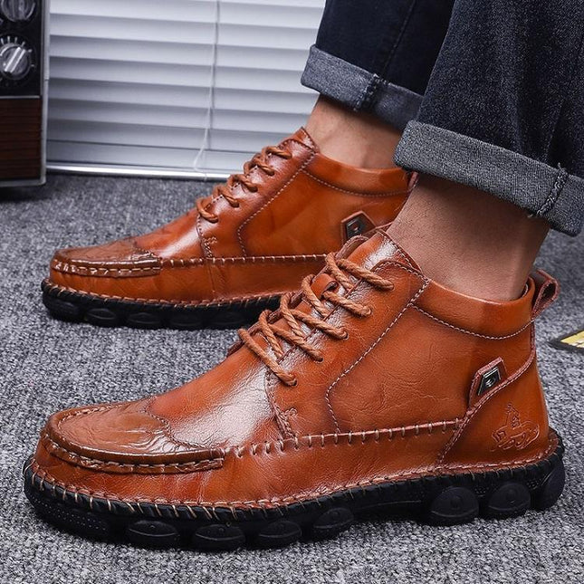 Men’s Lace-Up Leather Ankle Boots with Rugged Sole