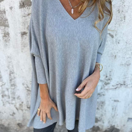 Women's V-Neck Oversized Shirt with Drop Shoulders and Long Sleeves