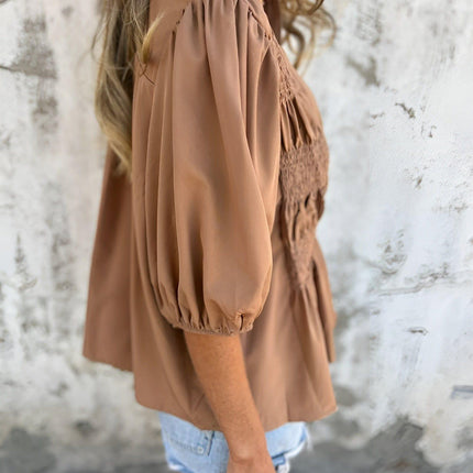 Women's Puff Sleeve Blouse with Smocked Bodice