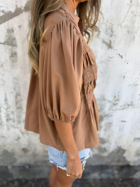 Women's Puff Sleeve Blouse with Smocked Bodice