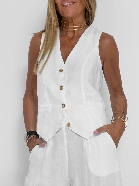 Women's Fitted Linen Vest - Lightweight Buttoned Front for Formal & Casual Wear