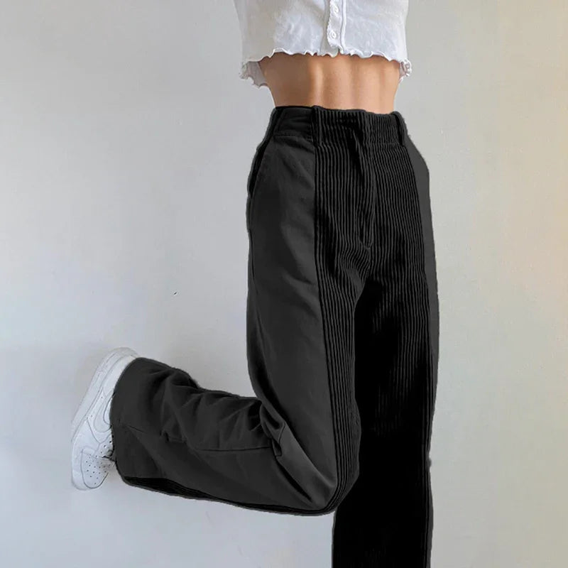 Women's Flared Wide Leg Trousers with Ribbed Side Detailing