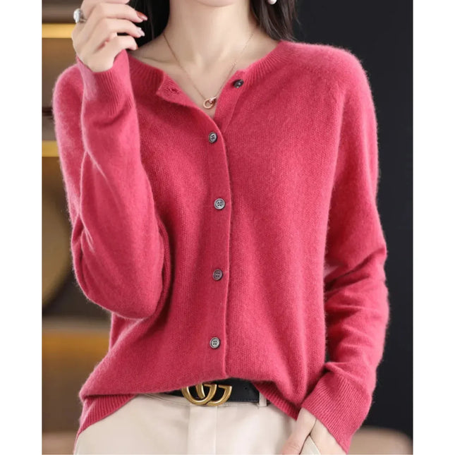 Women's O-Neck Cardigan Pure Wool Cashmere Sweater