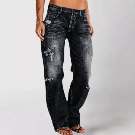 Women's Distressed Bootcut Jeans - Mid-Rise Stretch Denim - Casual Five-Pocket Style