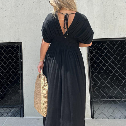 Women’s Maxi Dress – Smocked Waist – Relaxed Fit – V-Neck – Short Sleeve – Flowy Cotton