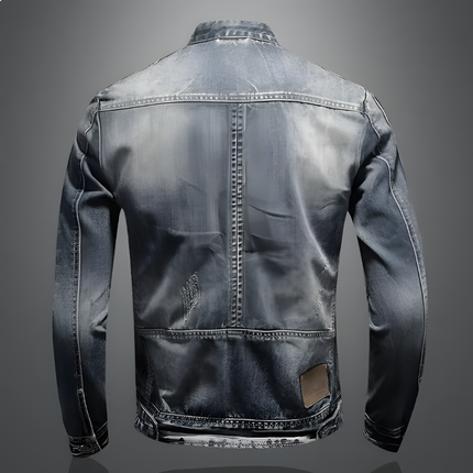 Men's Slim Fit Denim Jacket with Mandarin Collar and Zipper Accents