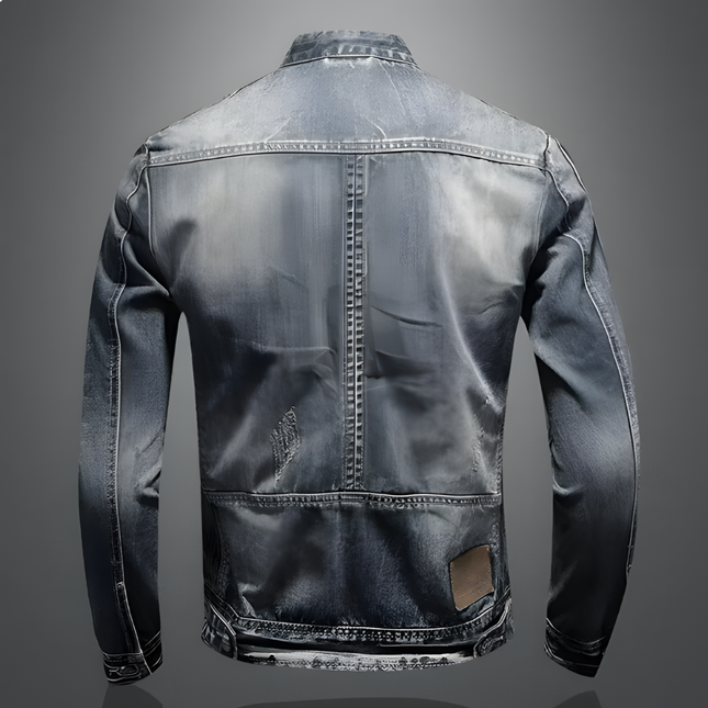 Men's Slim Fit Denim Jacket with Mandarin Collar and Zipper Accents