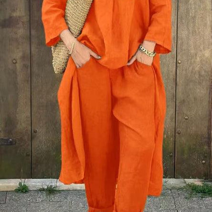 Women's V-Neck Long Sleeve Top & High-Waist Wide-Leg Pants Set with Pockets