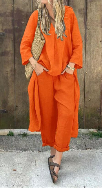Women's V-Neck Long Sleeve Top & High-Waist Wide-Leg Pants Set with Pockets