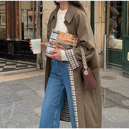 Women's Long Trench Coat with Grid Lining in Khaki Green