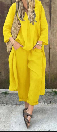 Women's V-Neck Long Sleeve Top & High-Waist Wide-Leg Pants Set with Pockets