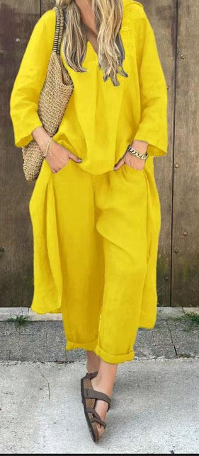Women's V-Neck Long Sleeve Top & High-Waist Wide-Leg Pants Set with Pockets