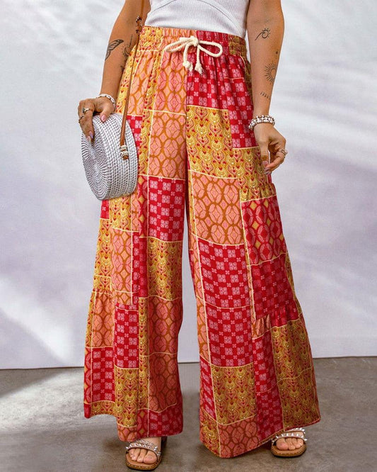 Women's High Waist Palazzo Trousers with Adjustable Drawstring and Boho Print
