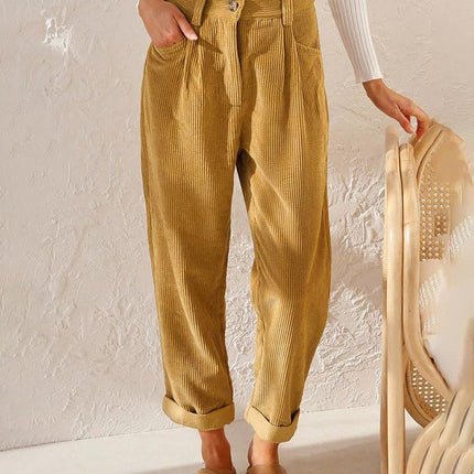 Women's High-Waisted Trousers Pleated Front Cuffed Hem Ribbed Fabric
