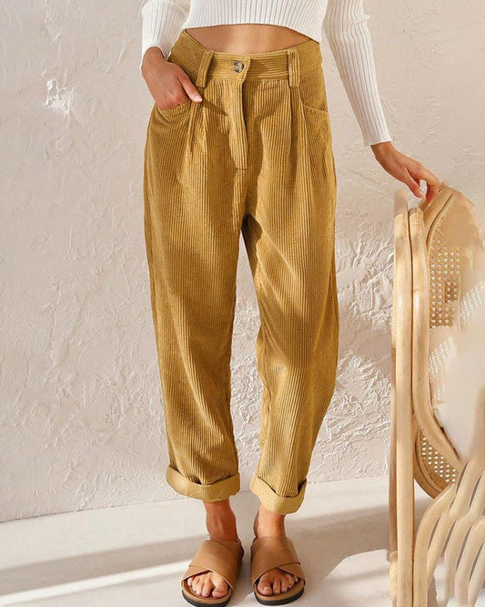 Women's High-Waisted Trousers Pleated Front Cuffed Hem Ribbed Fabric